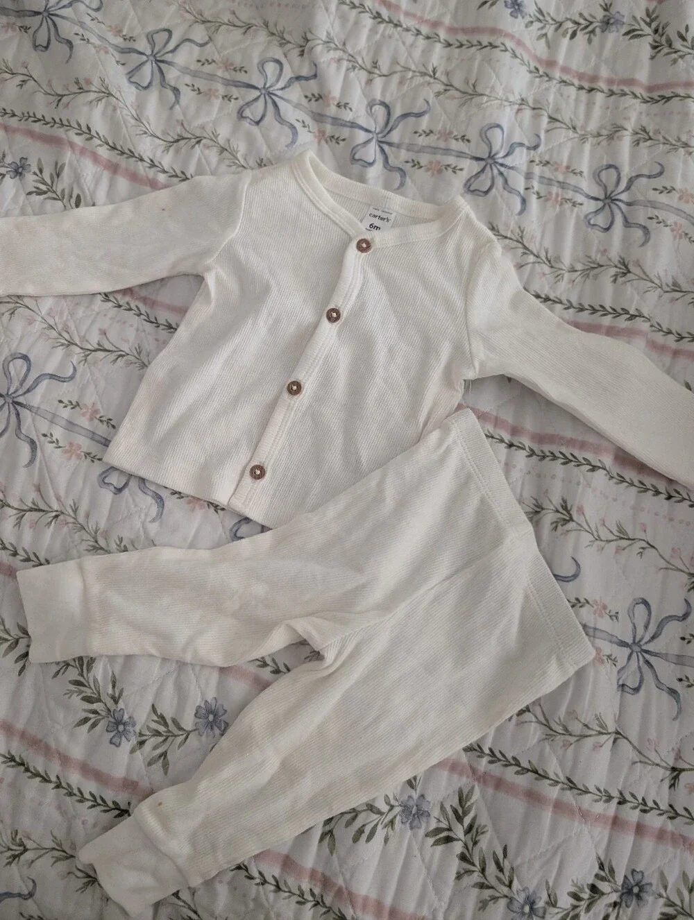 White Ribbed Cotton Kids Pajama Set - Long Sleeve Button Top & Pants